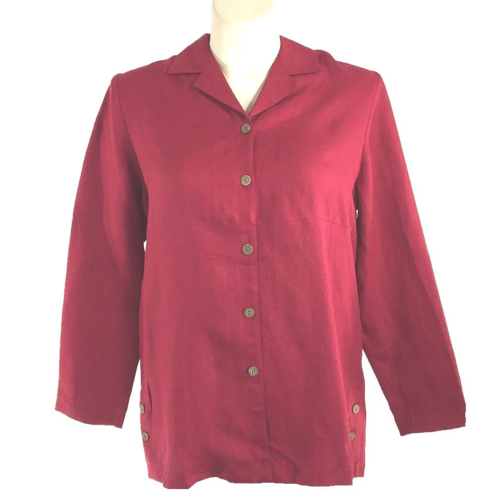 NWT MONTEREY BAY Shirt‎ MED Red Oversize 100% Linen Wood Button Pleat Jacket